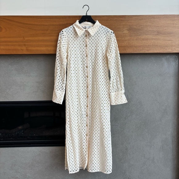 ZARA CREAM EMBROIDERED CUTWORK MIDI DRESS, SIZE M - Picture 5 of 16